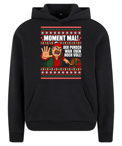 Moment mal! – Christmas Hoodie Unisex in Black – Vorderansicht, großer Frontdruck