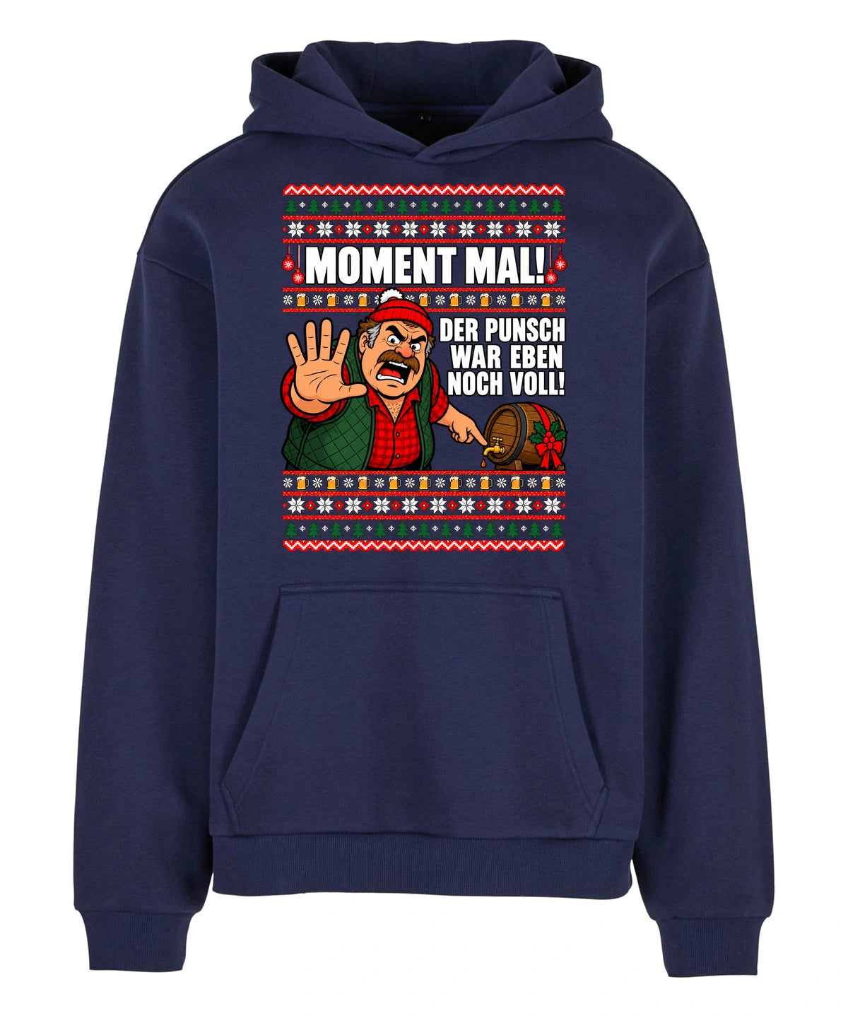 Moment mal! – Christmas Hoodie Unisex in Navy – Vorderansicht, großer Frontdruck