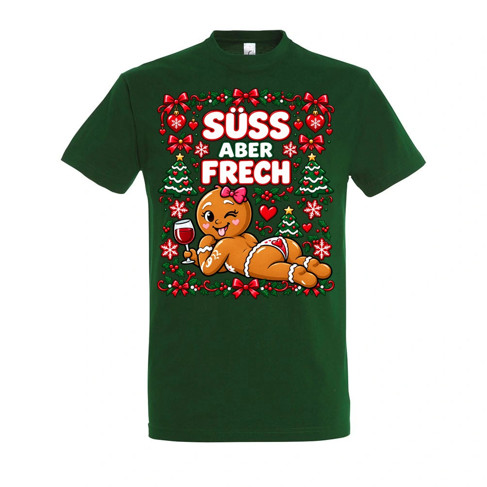 Süß aber frech T-Shirt Unisex in Bottle Green – Vorderansicht mit großem Weihnachtsmotiv
