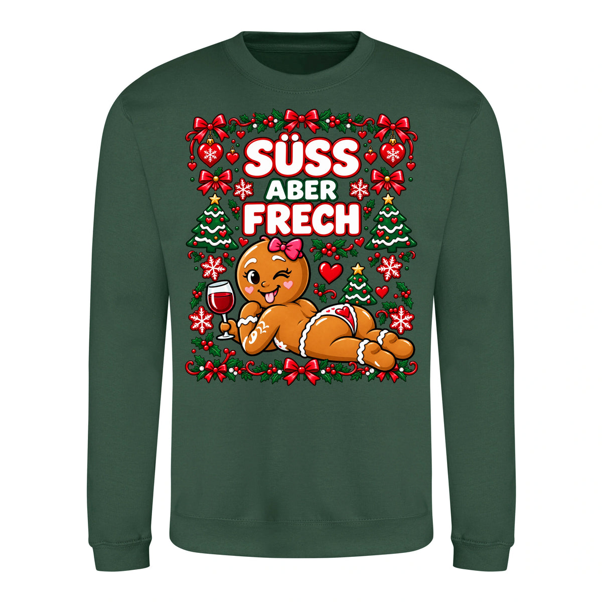 Süß aber frech Sweater in Bottle Green – Vorderansicht mit großem Weihnachtsmotiv