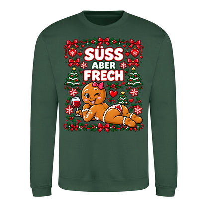 Süß aber frech Sweater in Bottle Green – Vorderansicht mit großem Weihnachtsmotiv