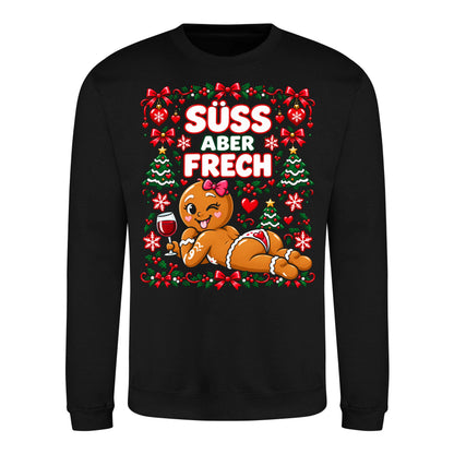 Süß aber frech Sweater in Deep Black – Vorderansicht mit großem Weihnachtsmotiv