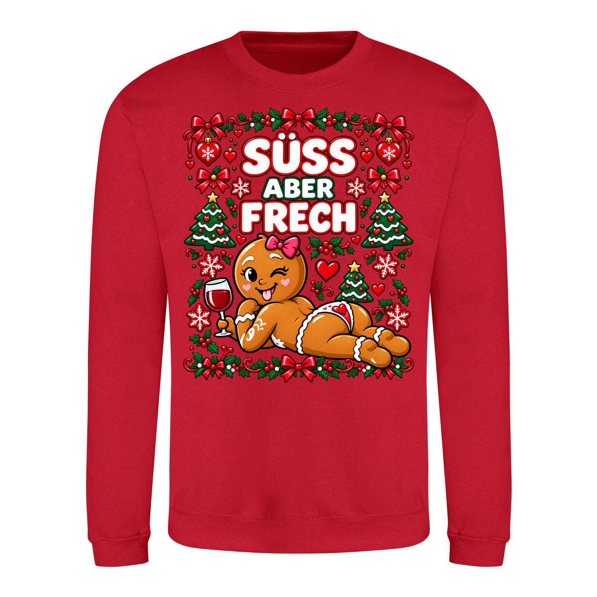 Süß aber frech Sweater in Fire Red – Vorderansicht mit großem Weihnachtsmotiv