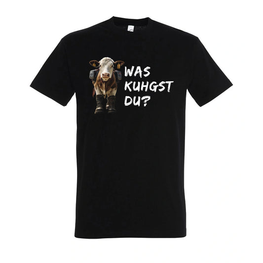 Kuhgst Du T-Shirt Unisex in Deep Black – Vorderansicht mit dem Motiv Kuhgst Du.