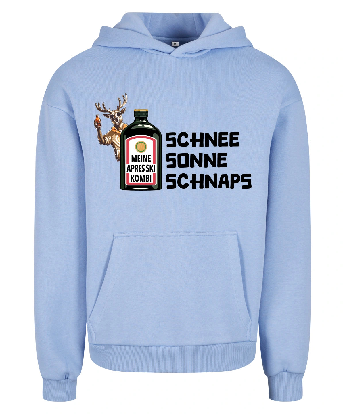 Meine Apres Ski Kombi Hoodie in Powder Blue – Vorderansicht mit dem Motiv Meine Apres Ski Kombi.