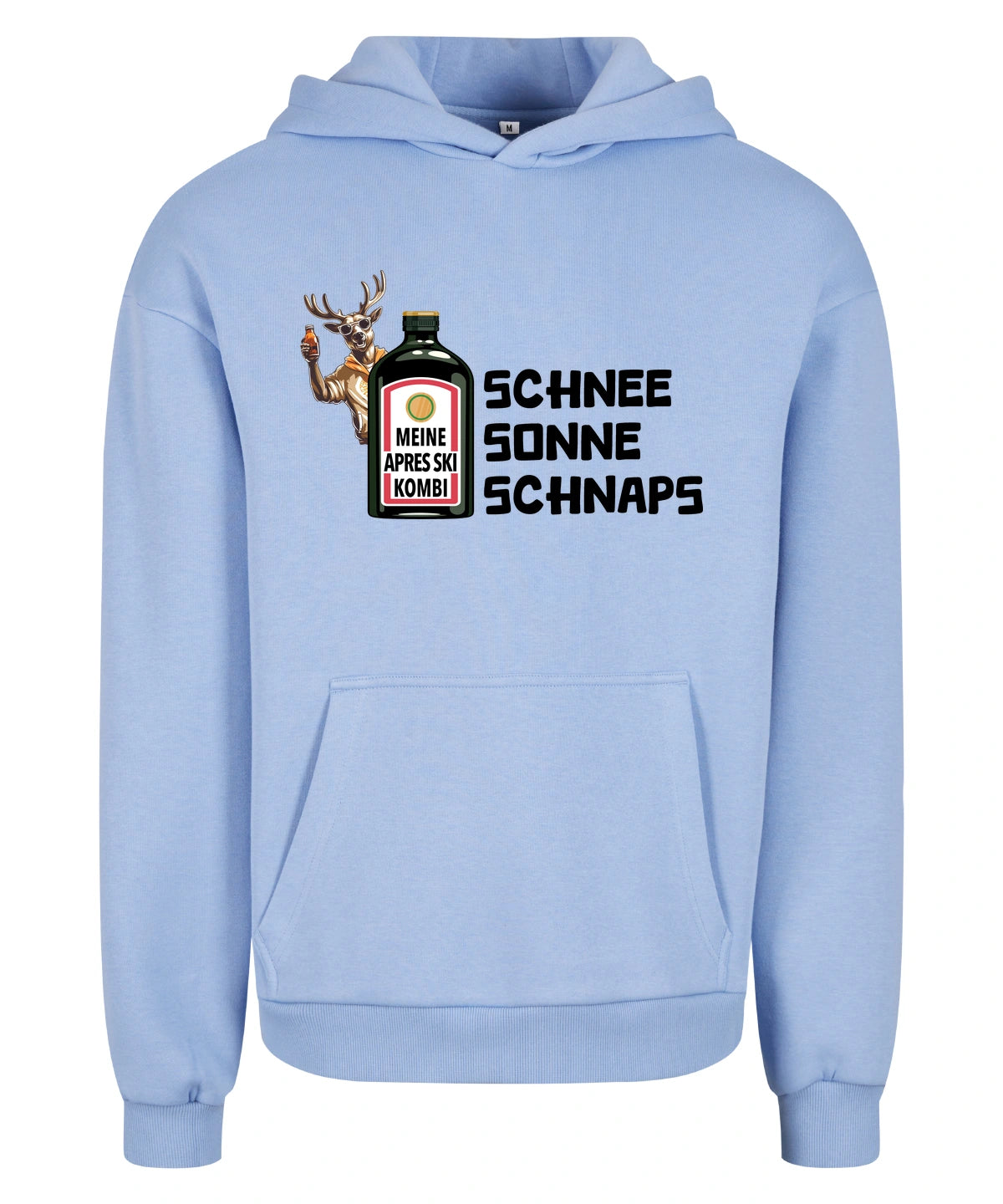 Meine Apres Ski Kombi Hoodie in Powder Blue – Vorderansicht mit dem Motiv Meine Apres Ski Kombi.