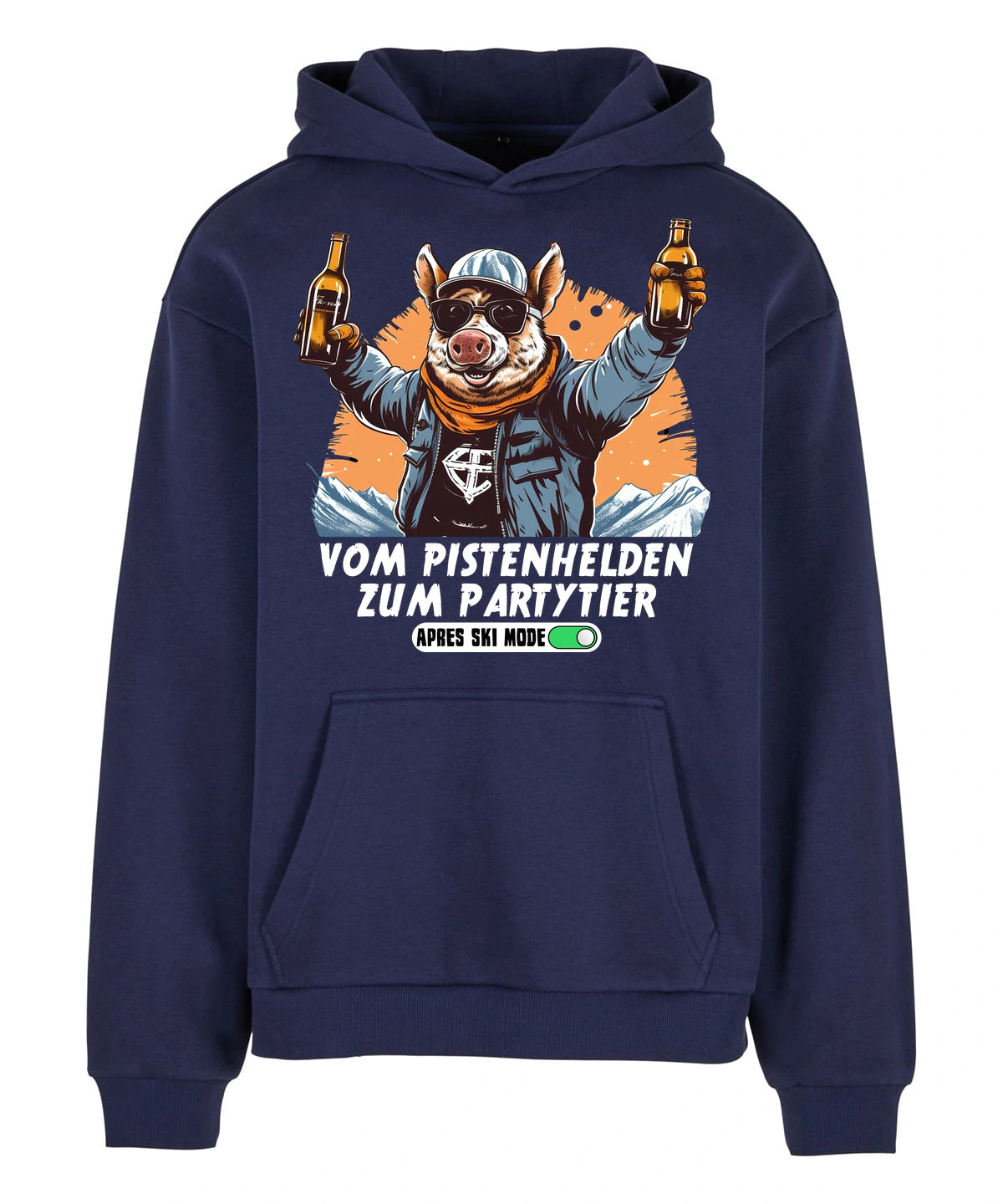 Pistenheld Hoodie in Navy – Vorderansicht mit dem Motiv Pistenheld.