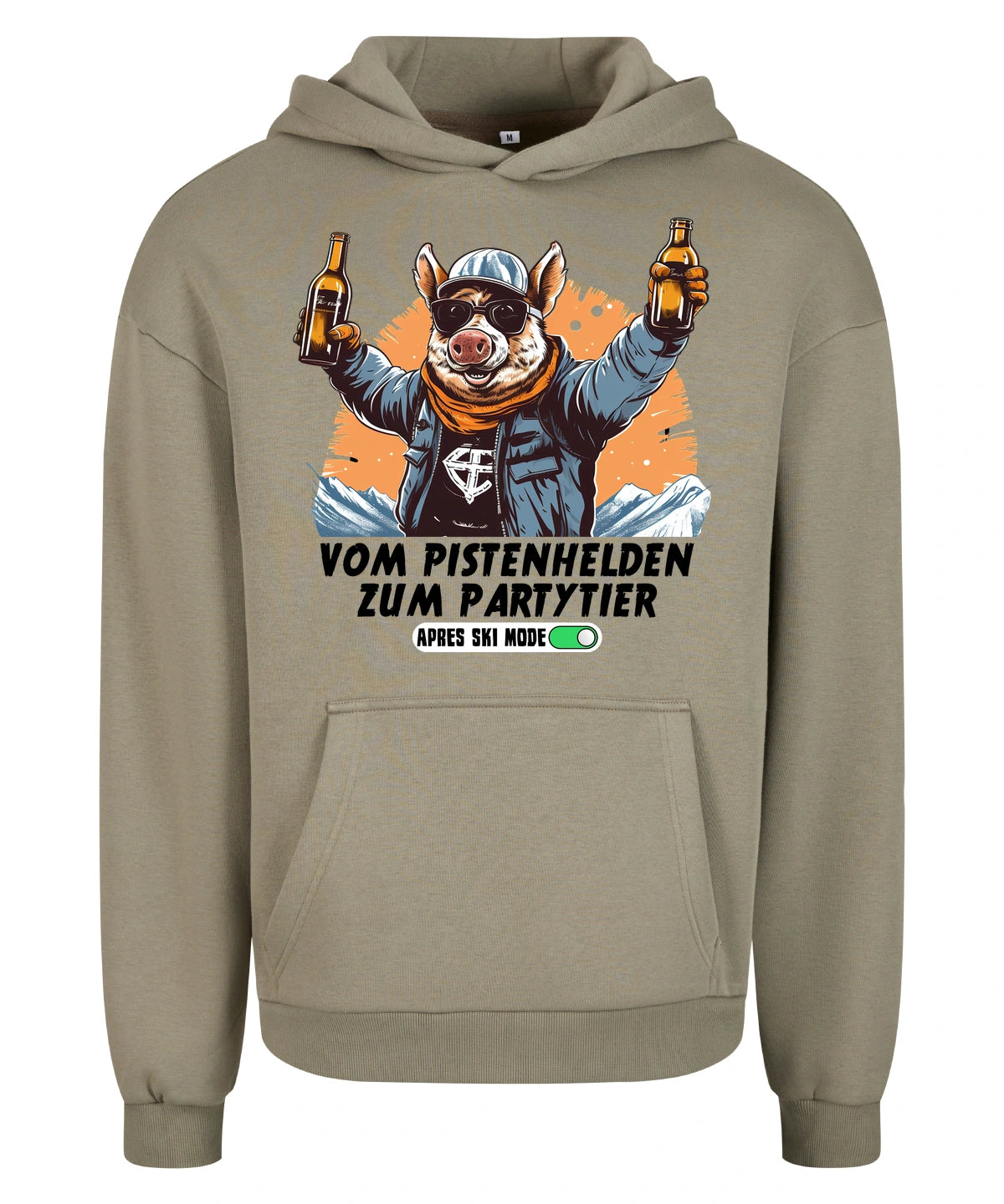 Pistenheld Hoodie in Pale Olive – Vorderansicht mit dem Motiv Pistenheld.