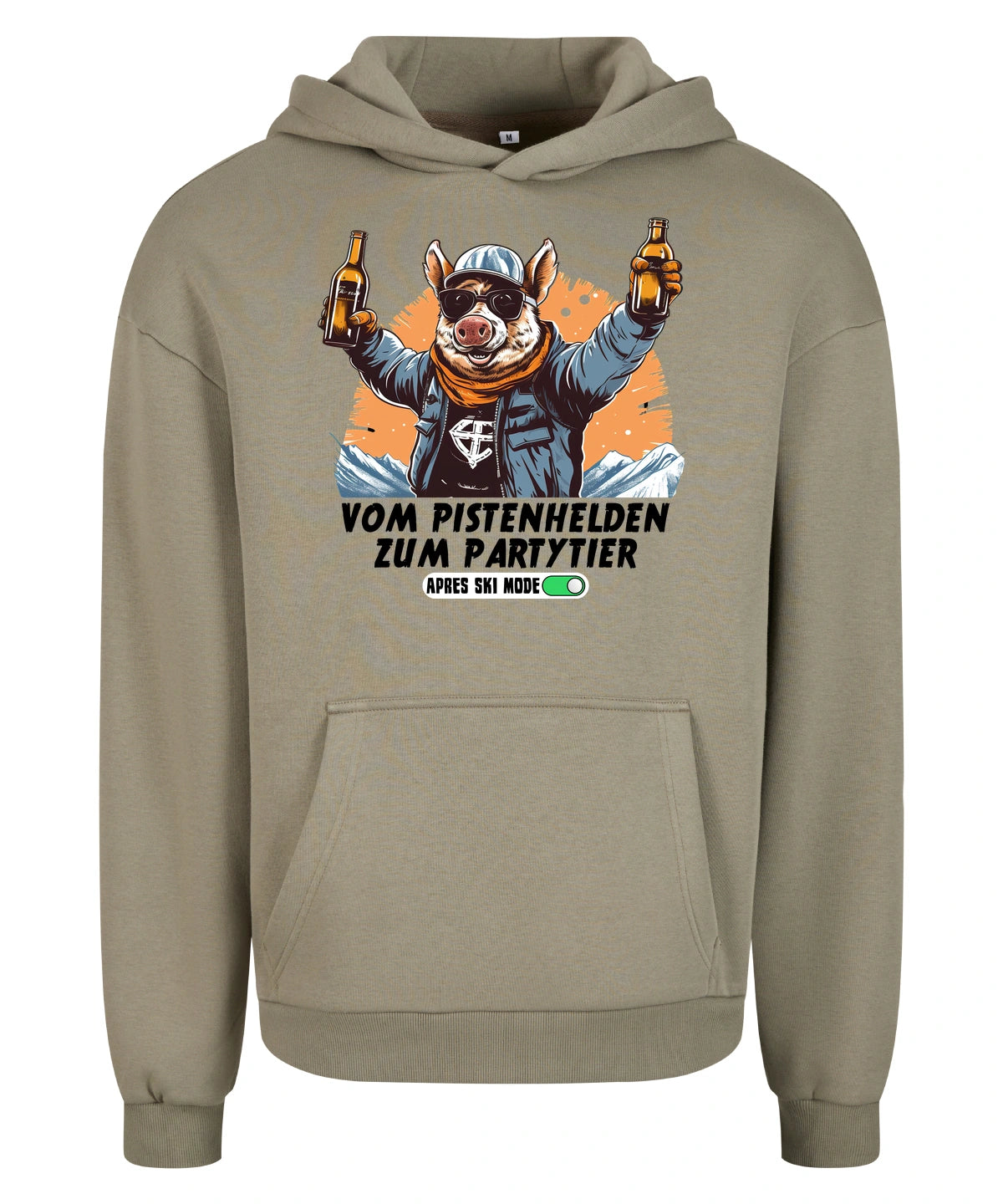 Pistenheld Hoodie in Pale Olive – Vorderansicht mit dem Motiv Pistenheld.
