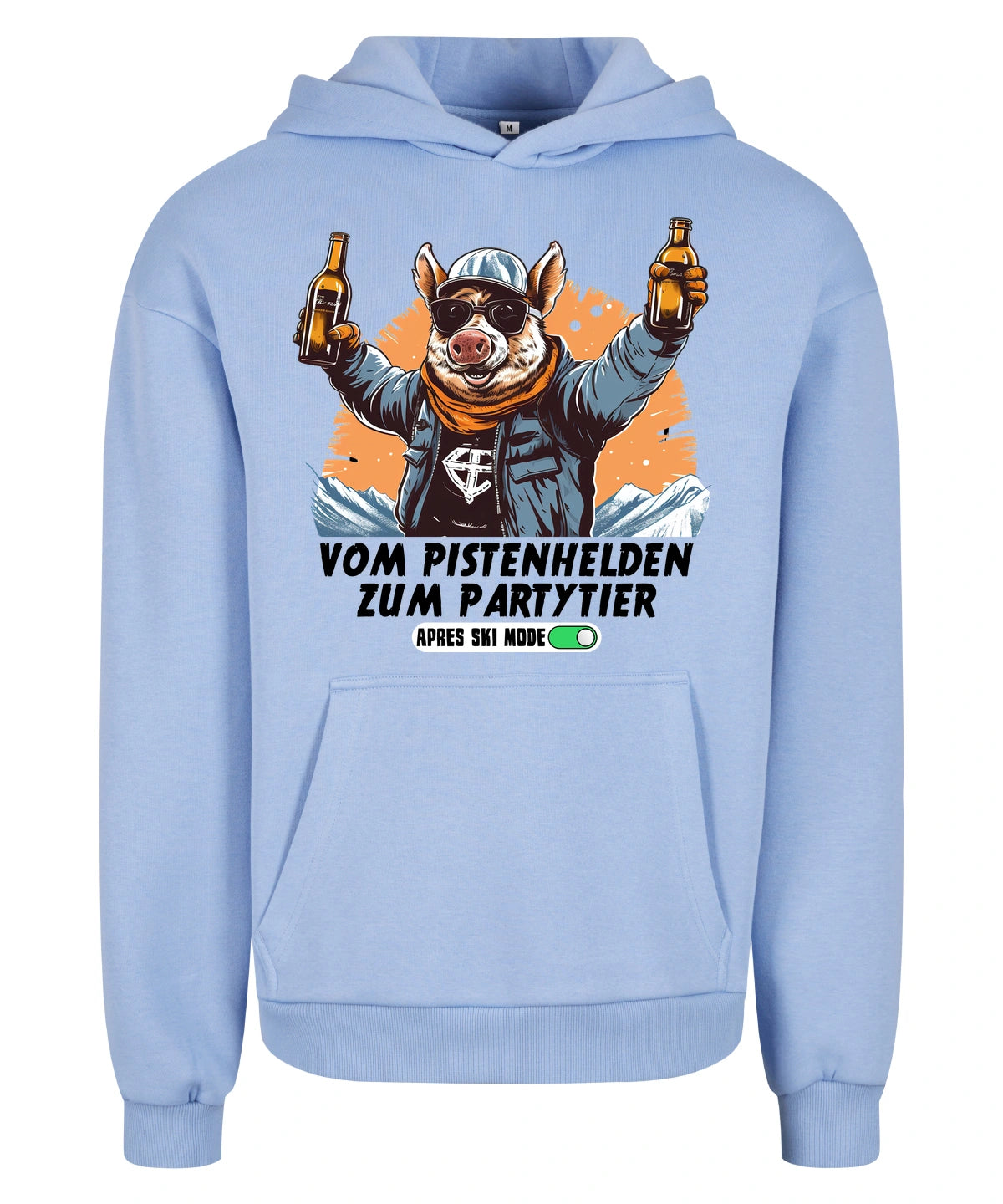 Pistenheld Hoodie in Powder Blue – Vorderansicht mit dem Motiv Pistenheld.