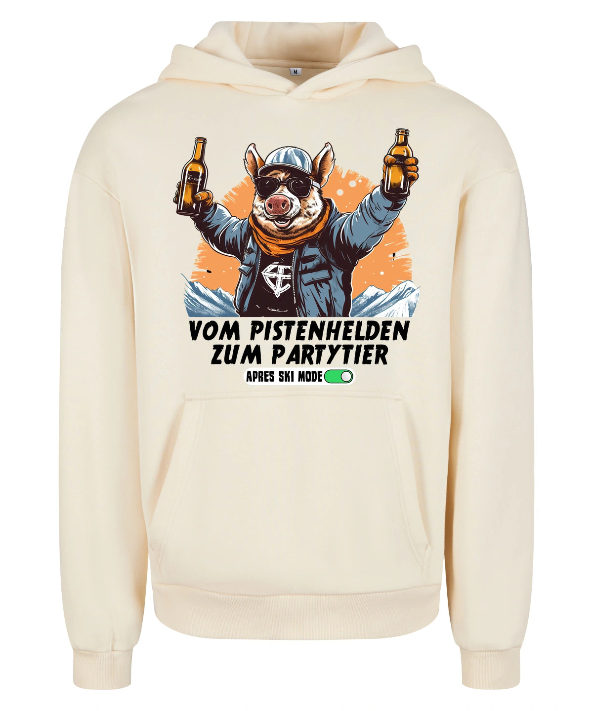 Pistenheld Hoodie in White Sand – Vorderansicht mit dem Motiv Pistenheld.