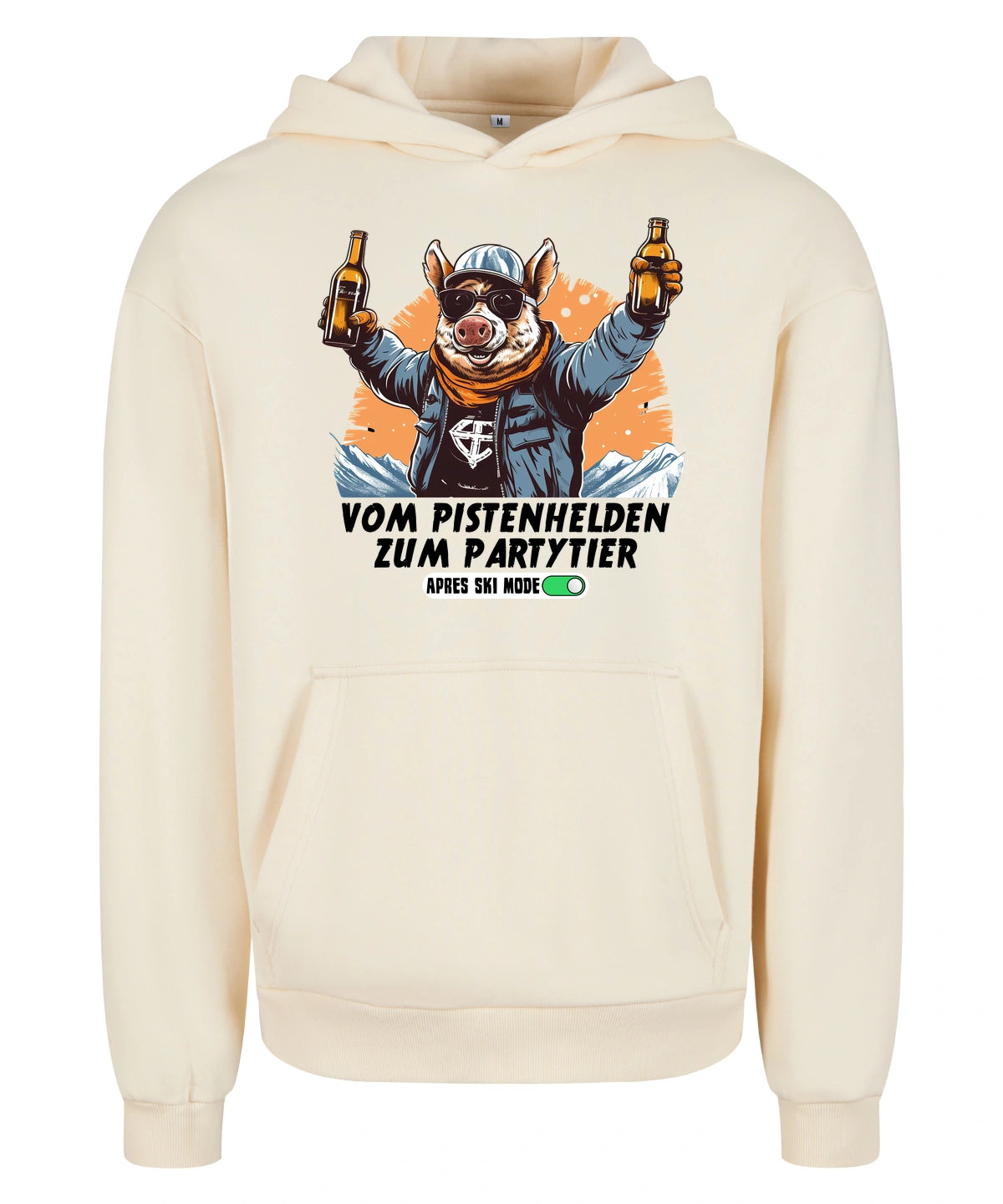 Pistenheld Hoodie in White Sand – Vorderansicht mit dem Motiv Pistenheld.