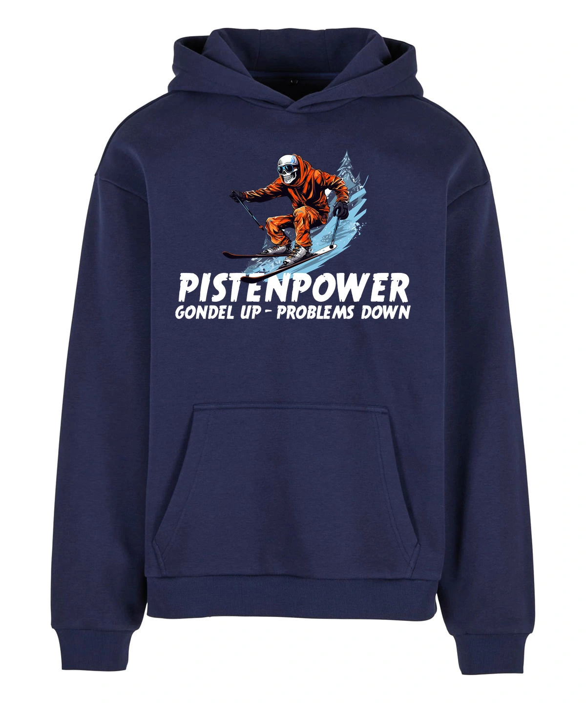 Pistenpower Hoodie in Navy – Vorderansicht mit dem Motiv Pistenpower.