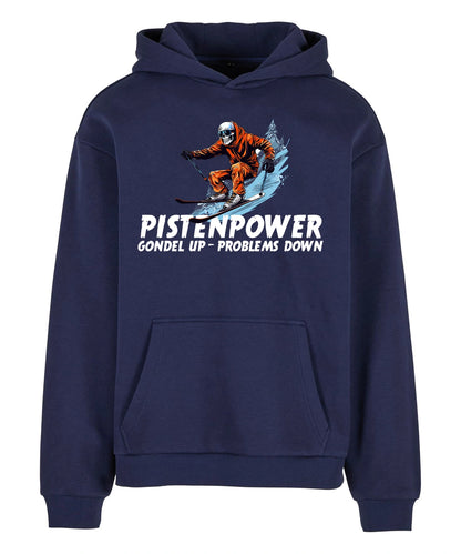 Pistenpower Hoodie in Navy – Vorderansicht mit dem Motiv Pistenpower.