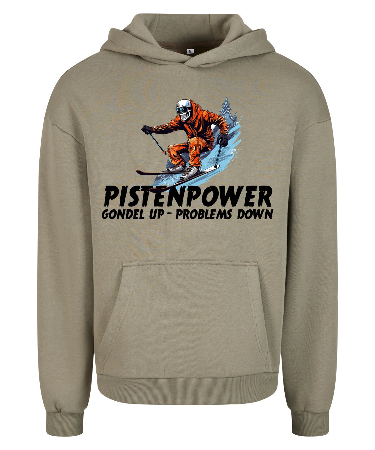 Pistenpower Hoodie in Pale Olive – Vorderansicht mit dem Motiv Pistenpower.