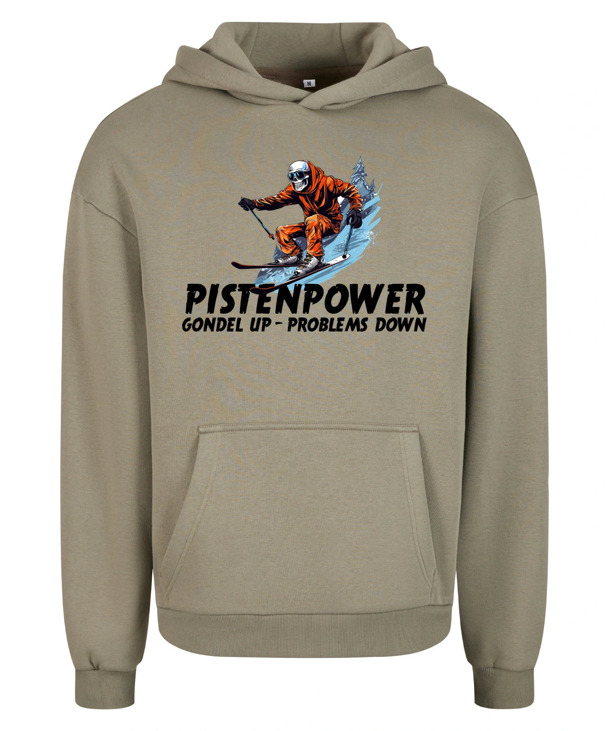 Pistenpower Hoodie in Pale Olive – Vorderansicht mit dem Motiv Pistenpower.