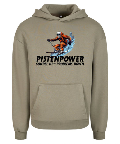 Pistenpower Hoodie in Pale Olive – Vorderansicht mit dem Motiv Pistenpower.
