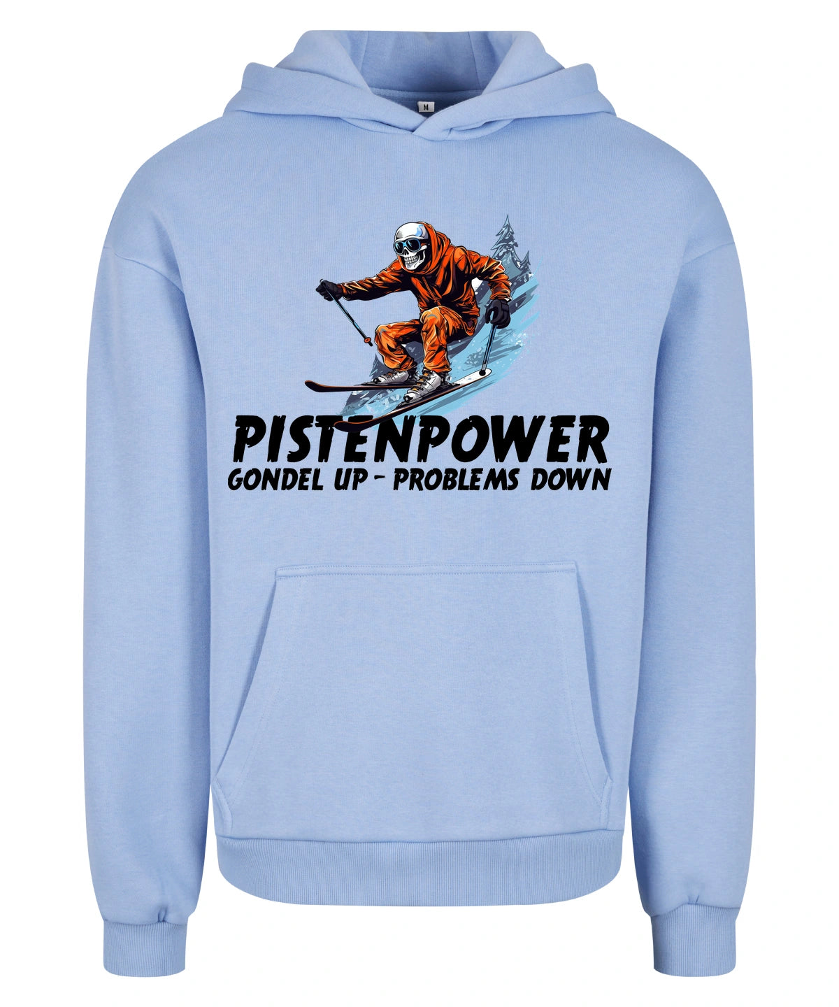 Pistenpower Hoodie in Powder Blue – Vorderansicht mit dem Motiv Pistenpower.