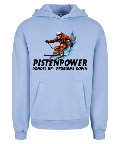 Pistenpower Hoodie in Powder Blue – Vorderansicht mit dem Motiv Pistenpower.