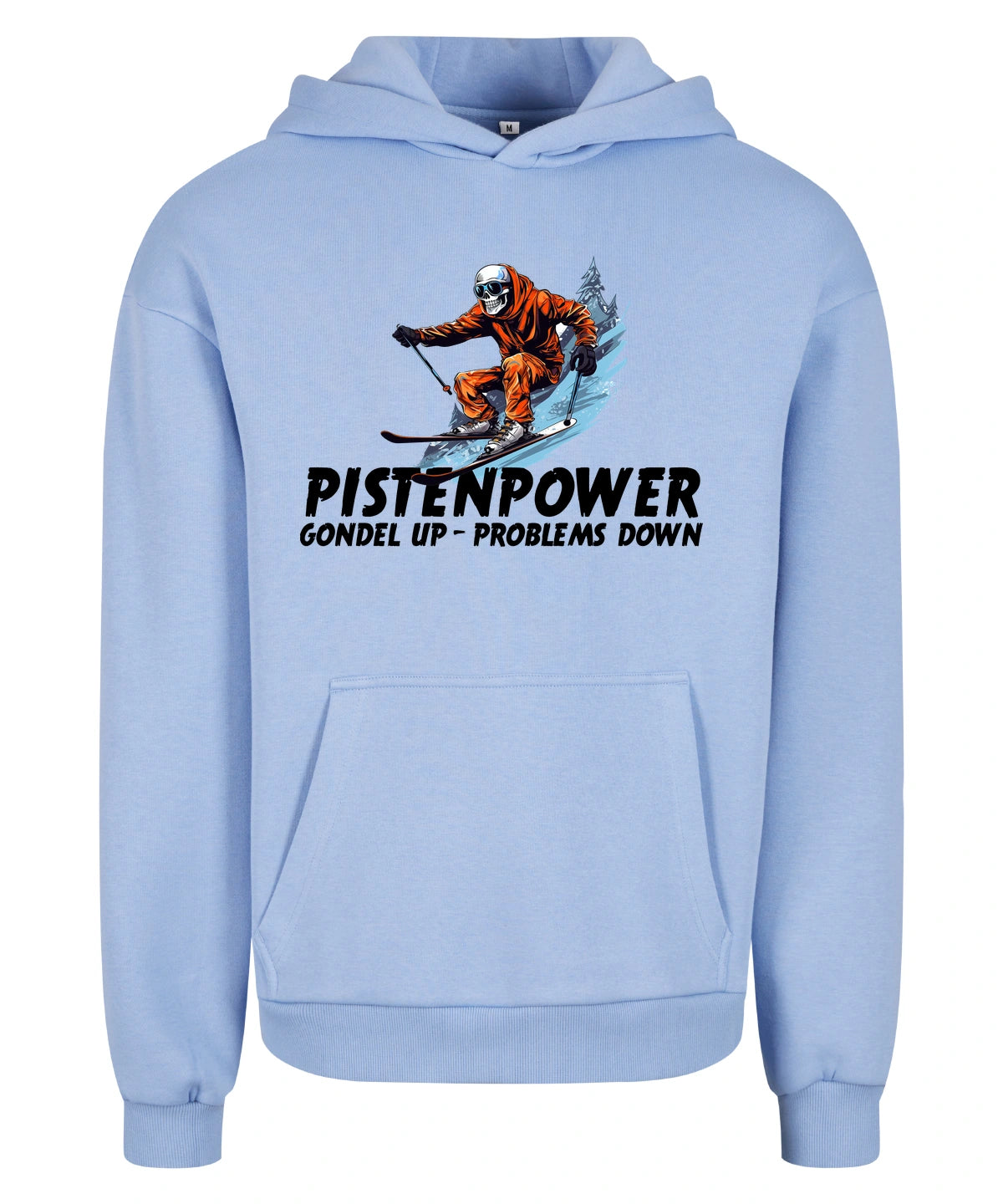 Pistenpower Hoodie in Powder Blue – Vorderansicht mit dem Motiv Pistenpower.