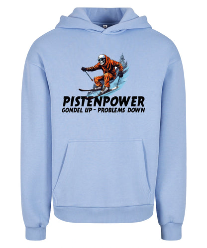 Pistenpower Hoodie in Powder Blue – Vorderansicht mit dem Motiv Pistenpower.