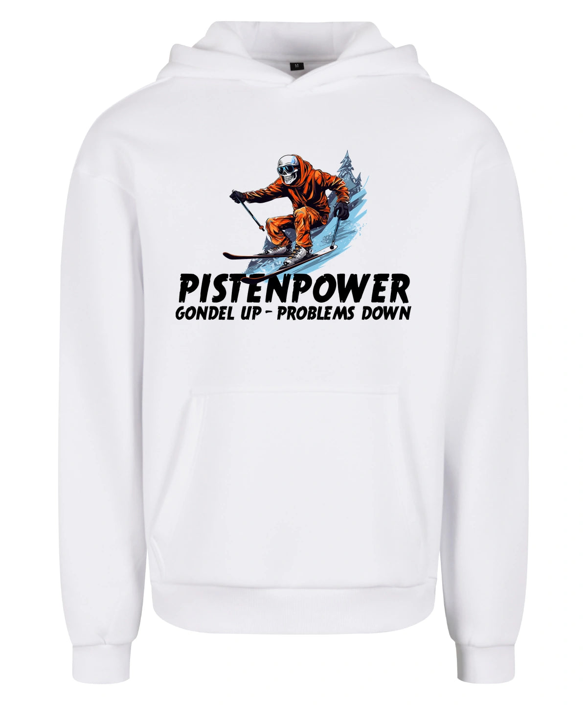 Pistenpower Hoodie in White – Vorderansicht mit dem Motiv Pistenpower.