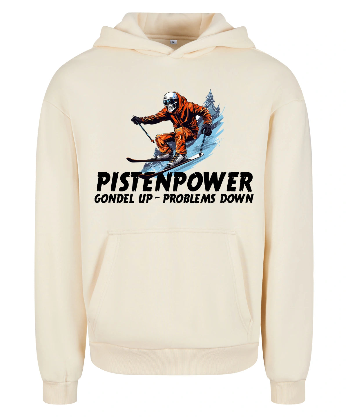 Pistenpower Hoodie in White Sand – Vorderansicht mit dem Motiv Pistenpower.