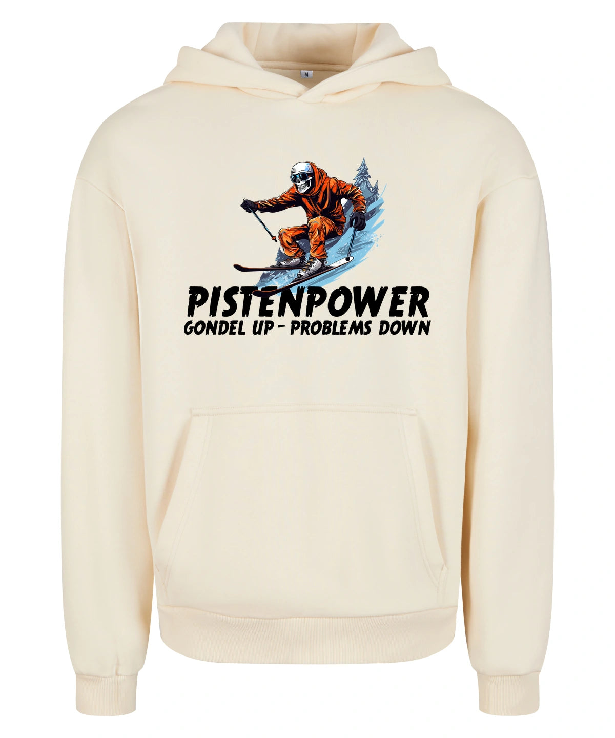 Pistenpower Hoodie in White Sand – Vorderansicht mit dem Motiv Pistenpower.