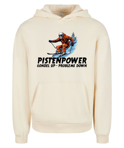Pistenpower Hoodie in White Sand – Vorderansicht mit dem Motiv Pistenpower.