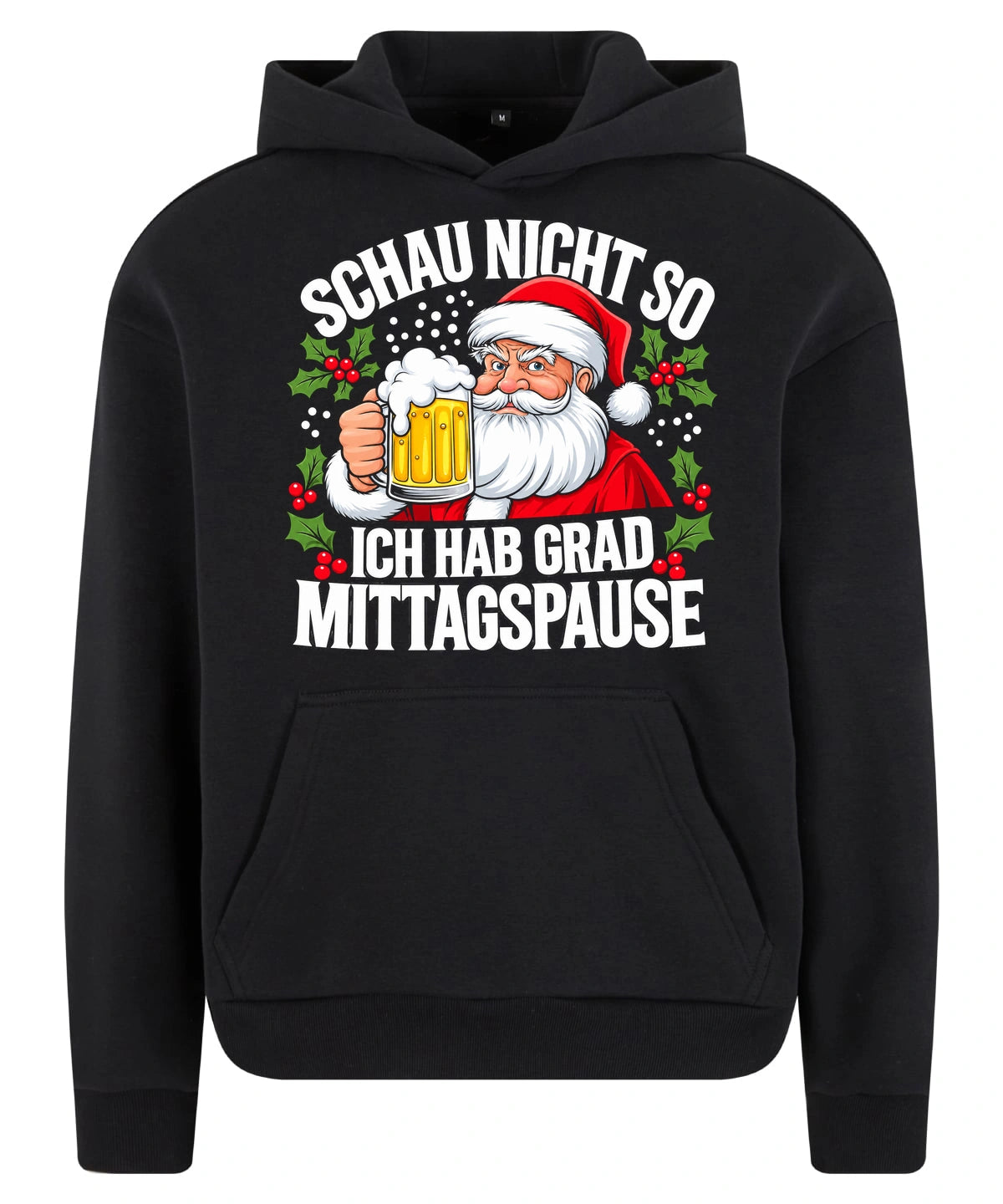 Santas Break Hoodie in Black – Vorderansicht mit dem Motiv Santas Break Hoodie.