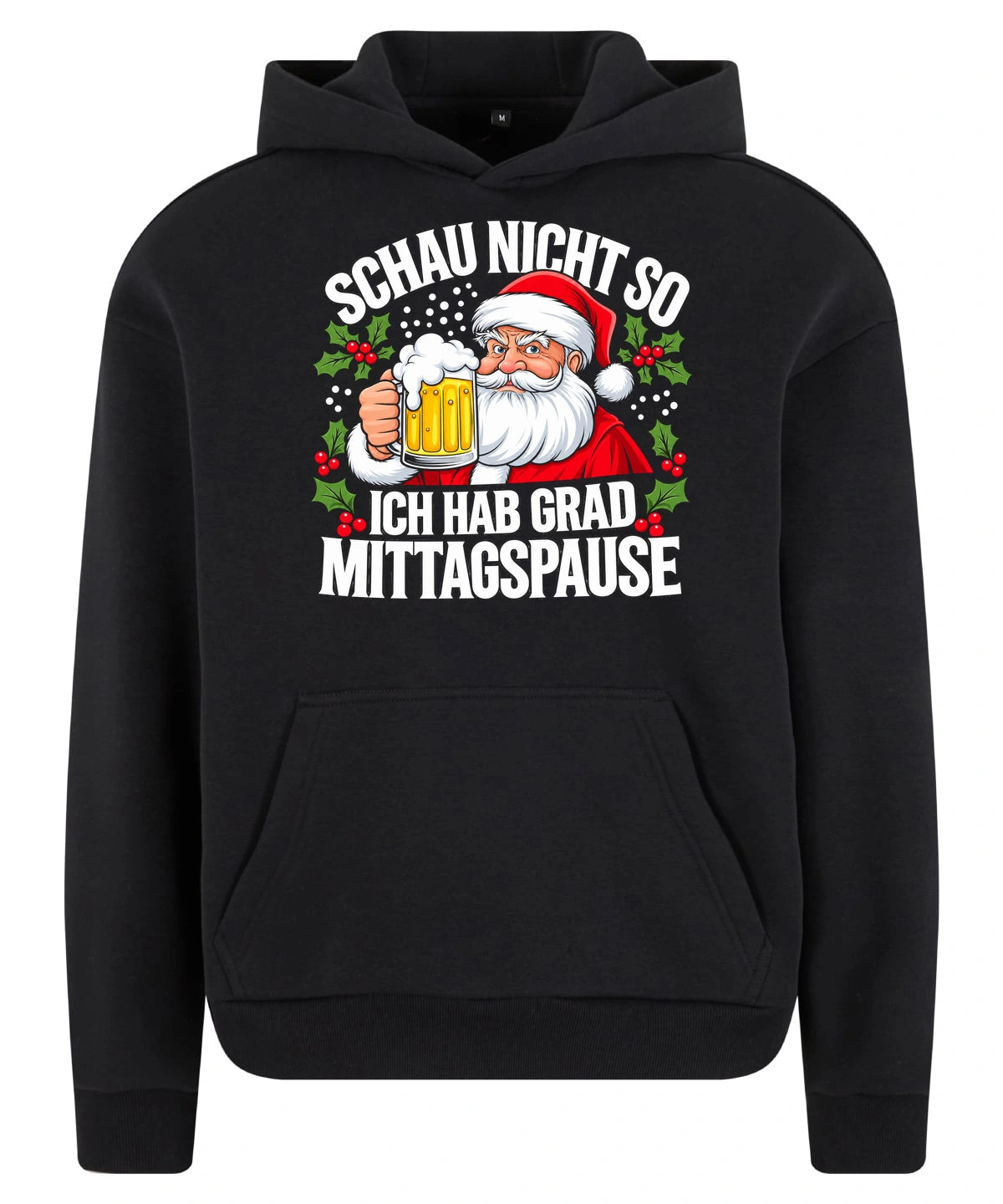 Santas Break Hoodie in Black – Vorderansicht mit dem Motiv Santas Break Hoodie.