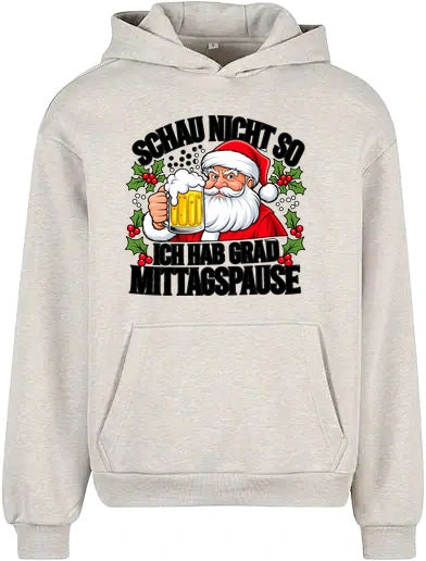 Santas Break Hoodie in Light Grey – Vorderansicht mit dem Motiv Santas Break Hoodie.