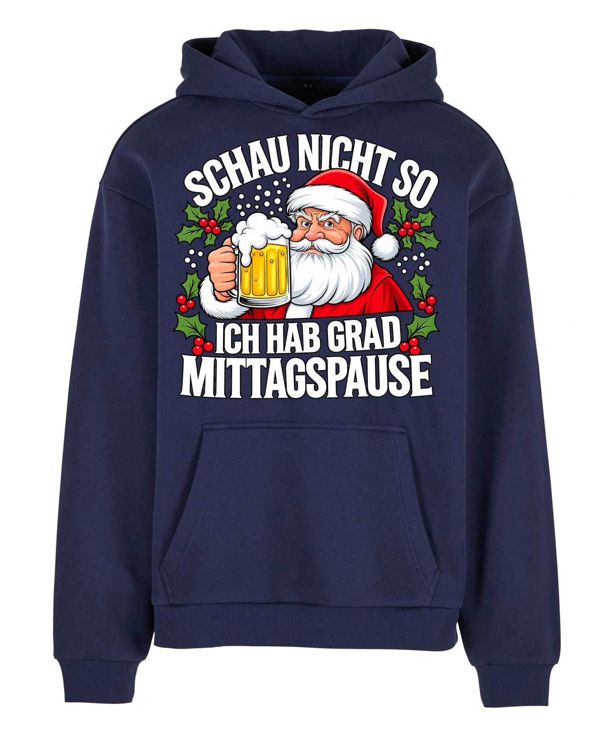 Santas Break Hoodie in Navy – Vorderansicht mit dem Motiv Santas Break Hoodie.