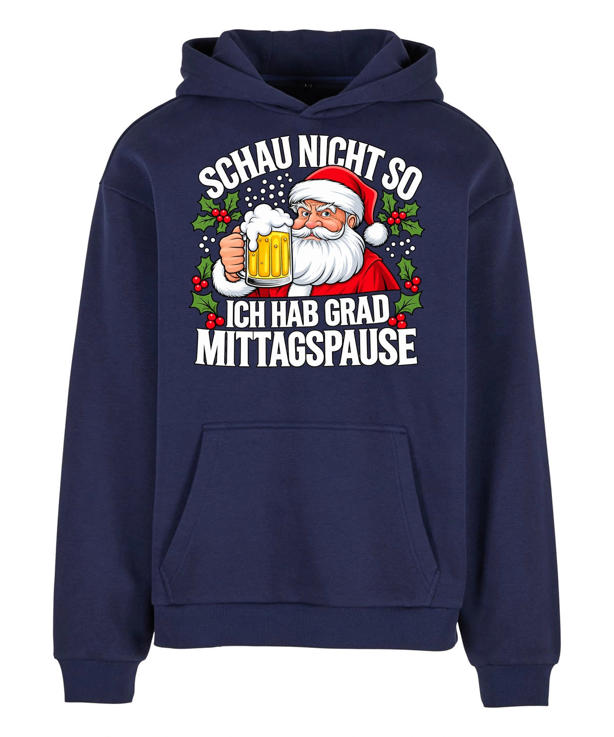 Santas Break Hoodie in Navy – Vorderansicht mit dem Motiv Santas Break Hoodie.
