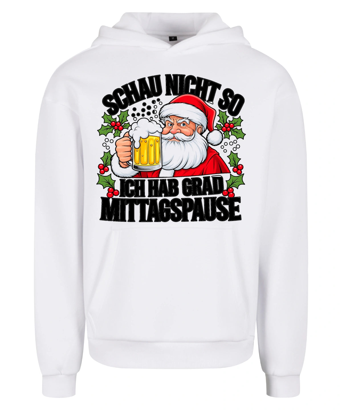 Santas Break Hoodie in White – Vorderansicht mit dem Motiv Santas Break Hoodie.