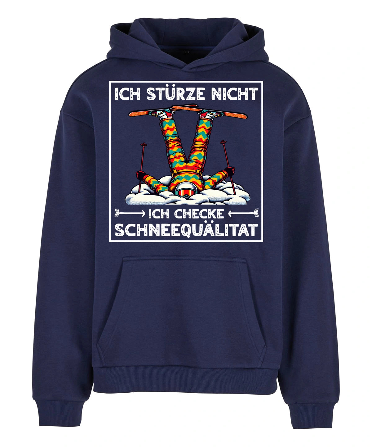 Schneequalität Hoodie in Navy – Vorderansicht mit dem Motiv Schneequalität.