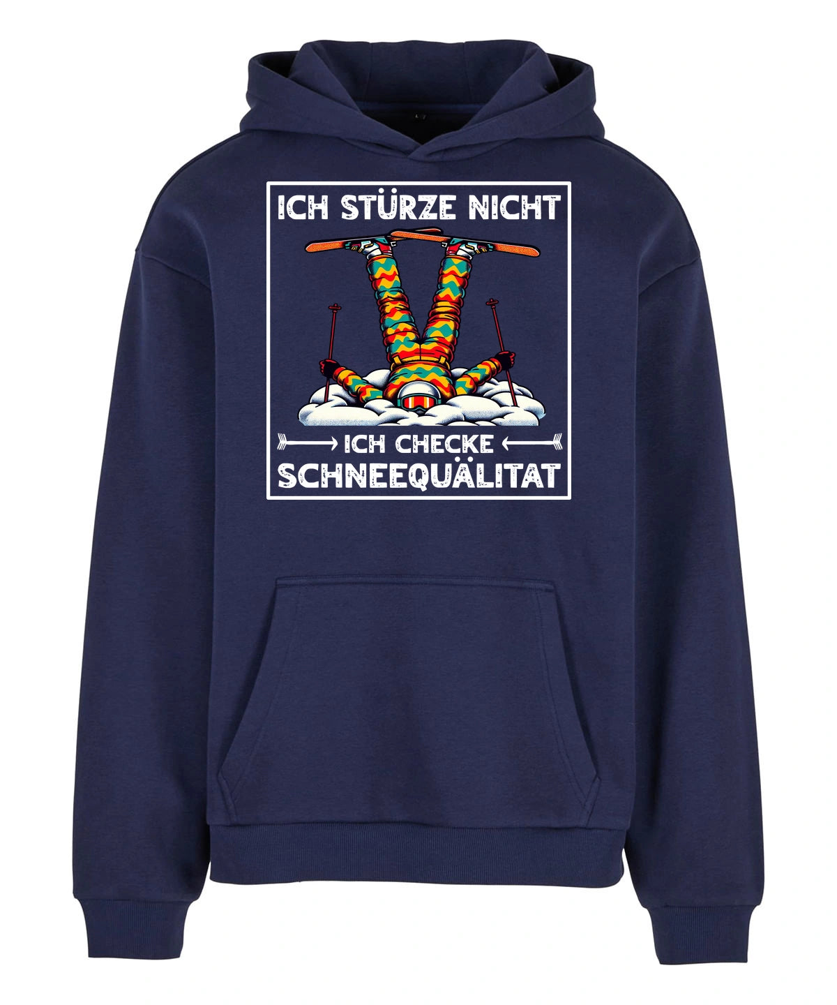 Schneequalität Hoodie in Navy – Vorderansicht mit dem Motiv Schneequalität.