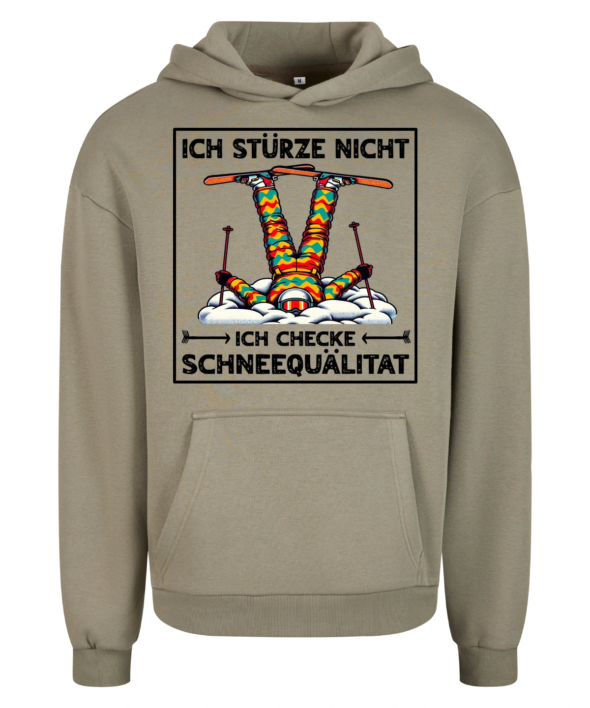 Schneequalität Hoodie in Pale Olive – Vorderansicht mit dem Motiv Schneequalität.
