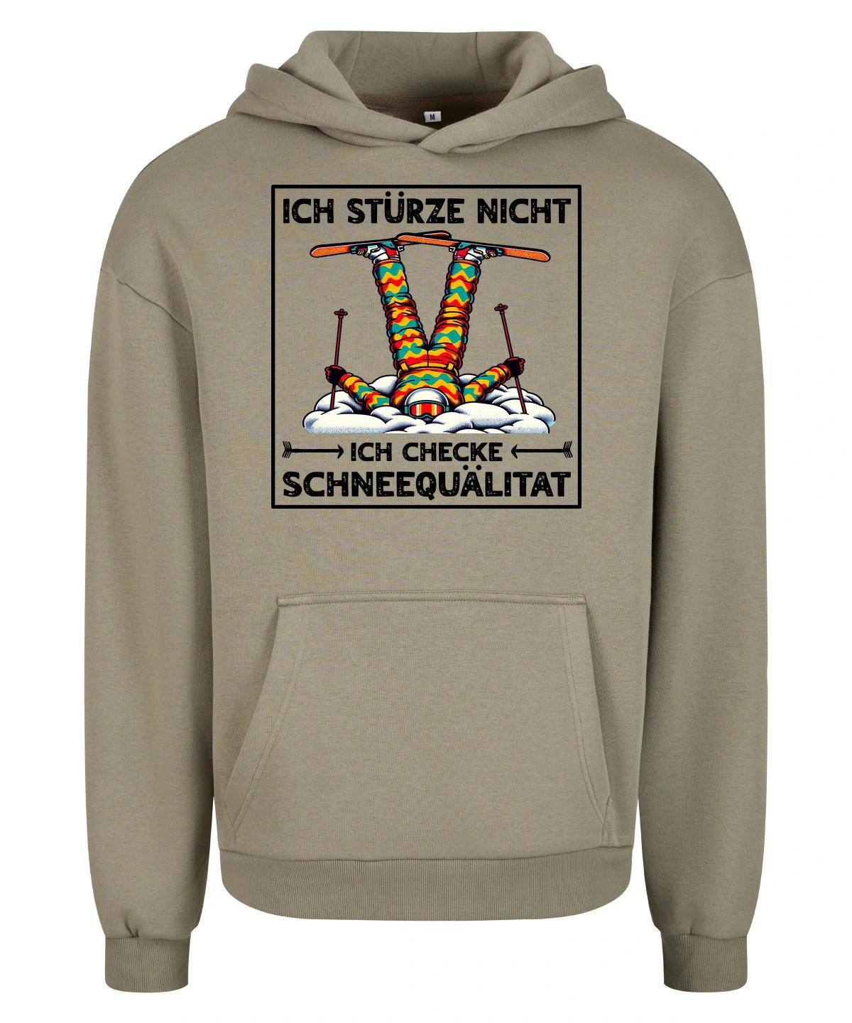 Schneequalität Hoodie in Pale Olive – Vorderansicht mit dem Motiv Schneequalität.