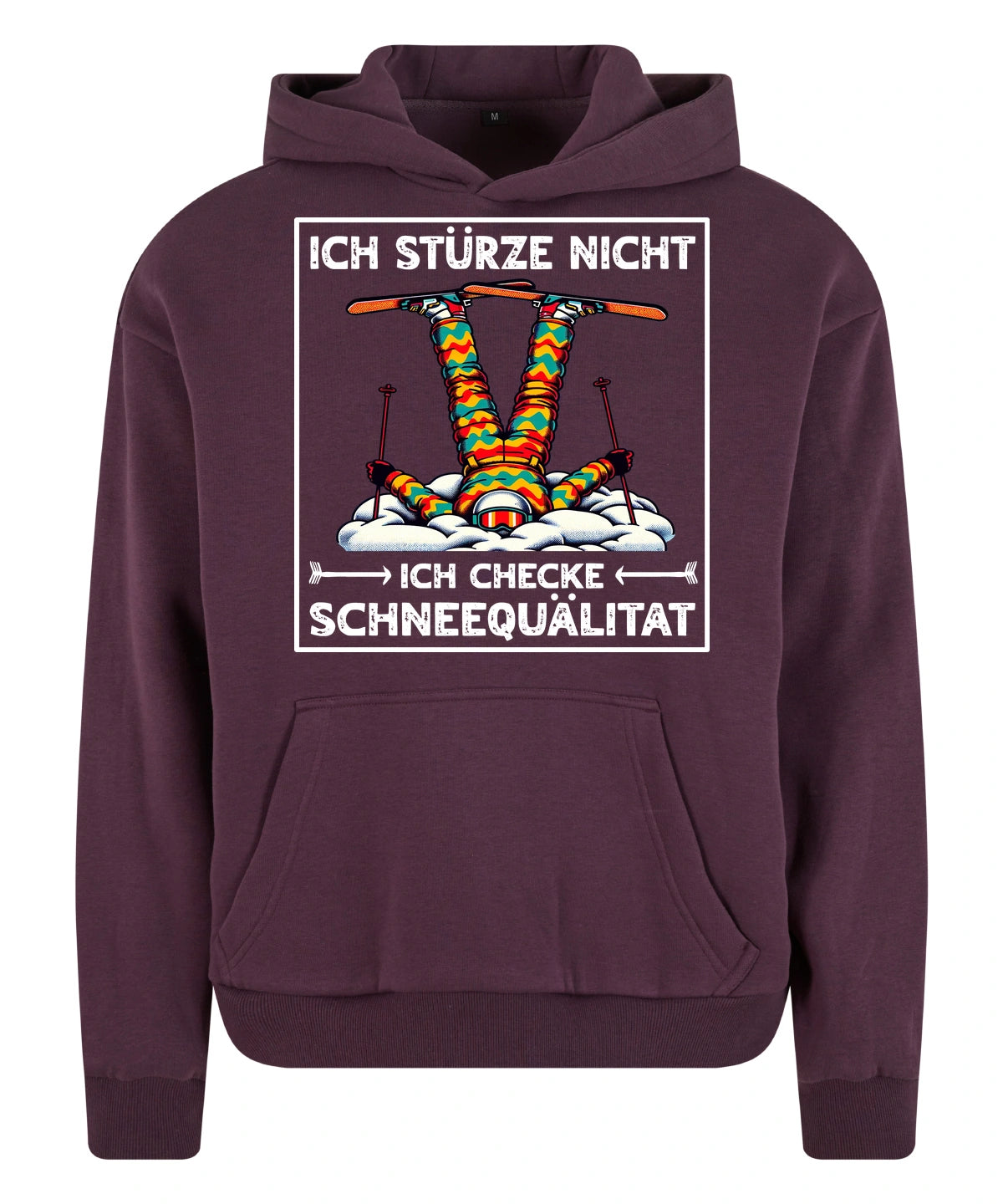 Schneequalität Hoodie in Plum Purple – Vorderansicht mit dem Motiv Schneequalität.