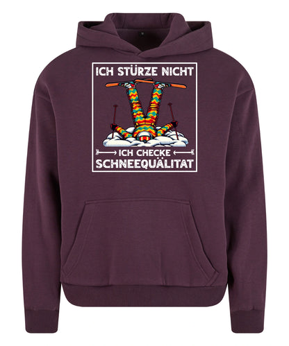 Schneequalität Hoodie in Plum Purple – Vorderansicht mit dem Motiv Schneequalität.