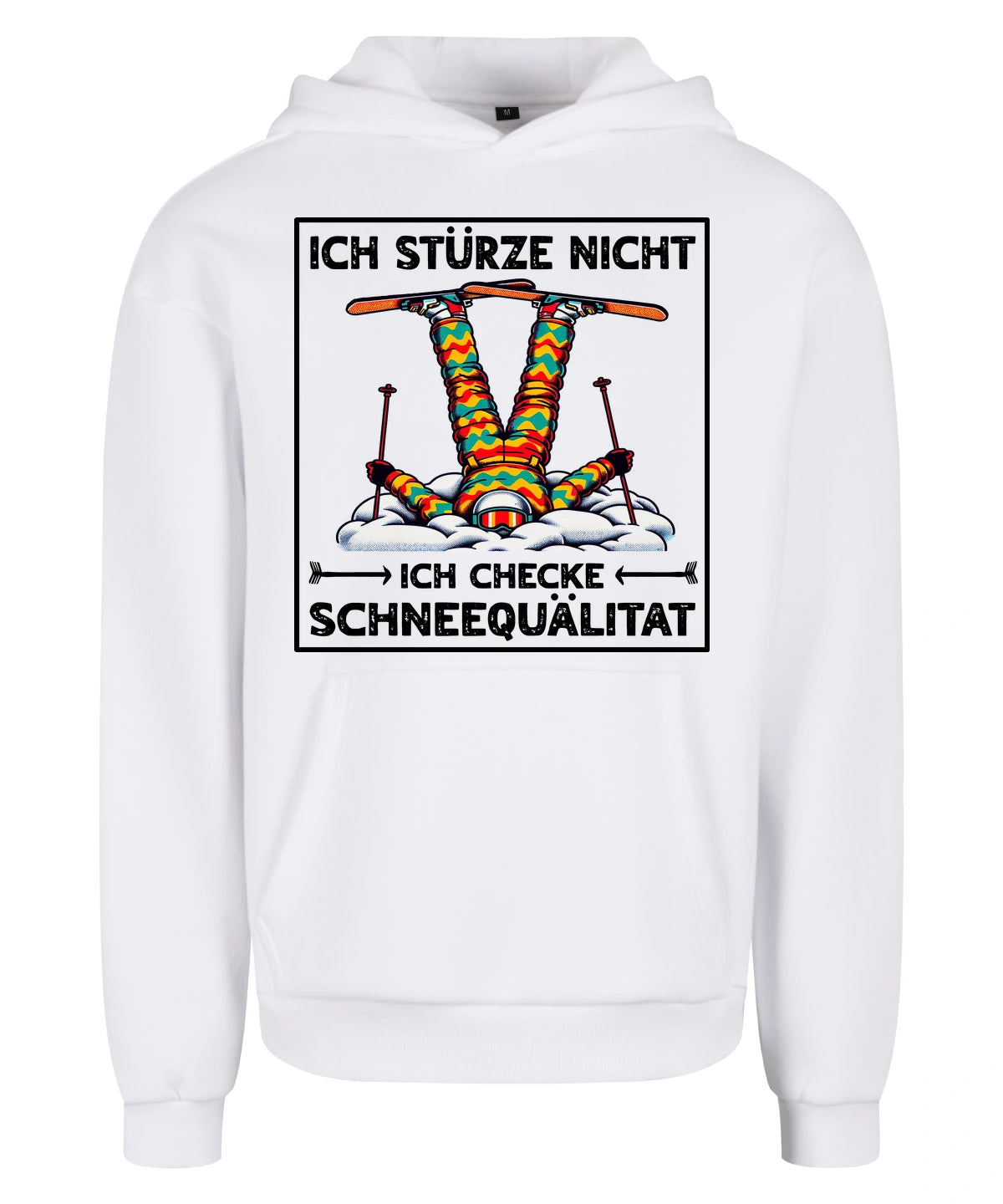 Schneequalität Hoodie in White – Vorderansicht mit dem Motiv Schneequalität.