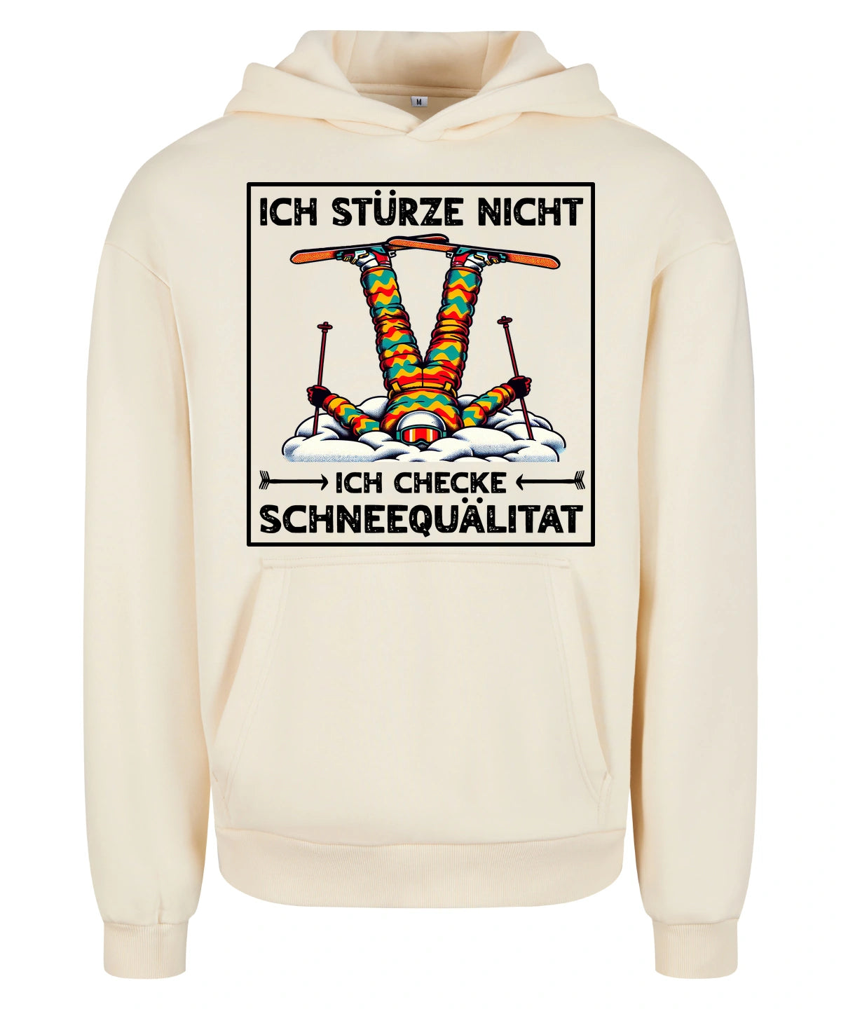 Schneequalität Hoodie in White Sand – Vorderansicht mit dem Motiv Schneequalität.