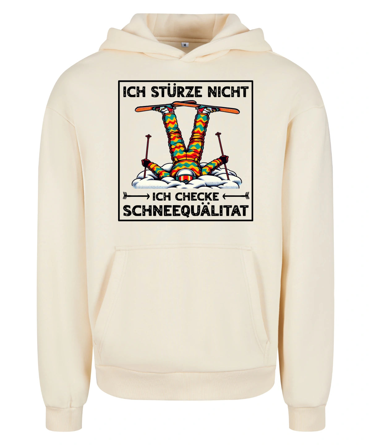 Schneequalität Hoodie in White Sand – Vorderansicht mit dem Motiv Schneequalität.