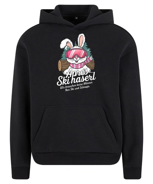 Skihaserl Hoodie in Black – Vorderansicht mit dem Motiv Skihaserl.