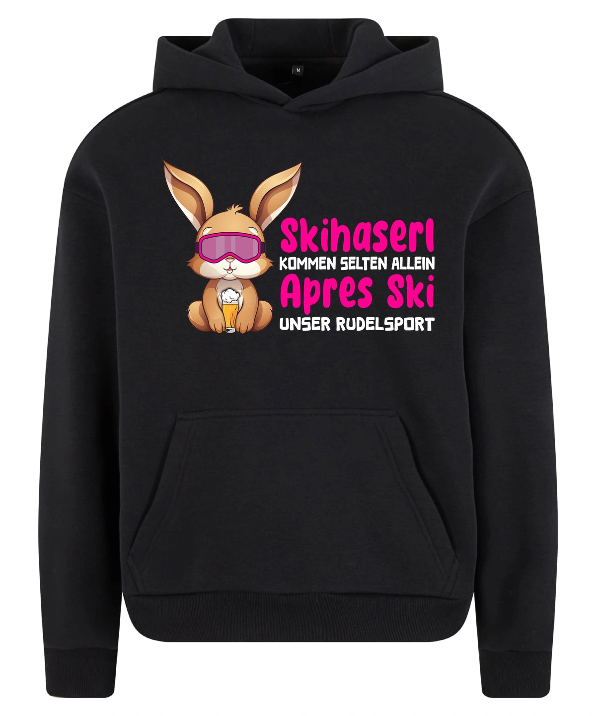 Skihaserl Rudelsport Hoodie in Black – Vorderansicht mit dem Motiv Skihaserl Rudelsport.