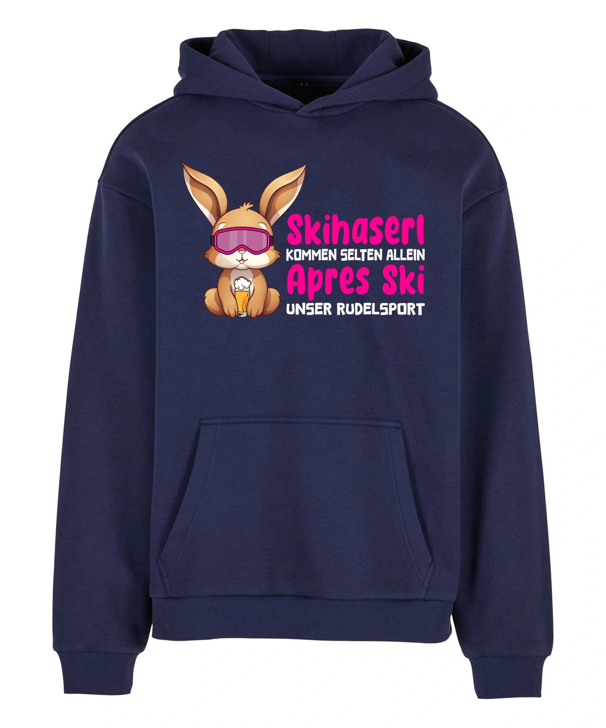 Skihaserl Rudelsport Hoodie in Navy – Vorderansicht mit dem Motiv Skihaserl Rudelsport.