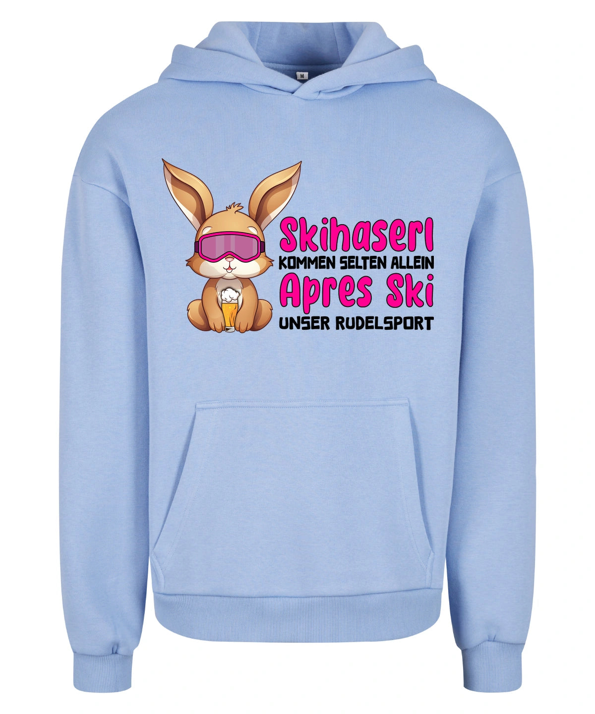 Skihaserl Rudelsport Hoodie in Powder Blue – Vorderansicht mit dem Motiv Skihaserl Rudelsport.