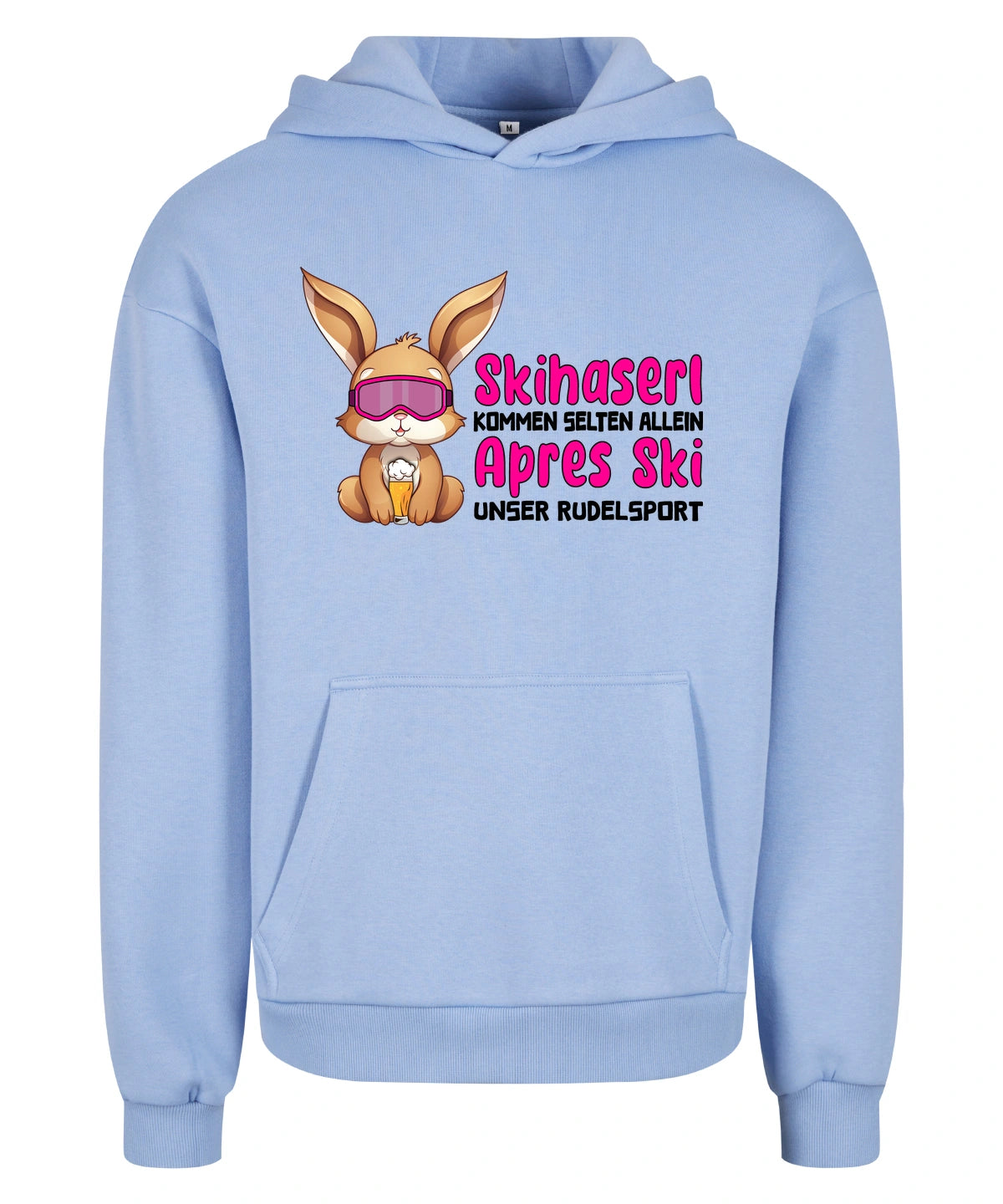 Skihaserl Rudelsport Hoodie in Powder Blue – Vorderansicht mit dem Motiv Skihaserl Rudelsport.