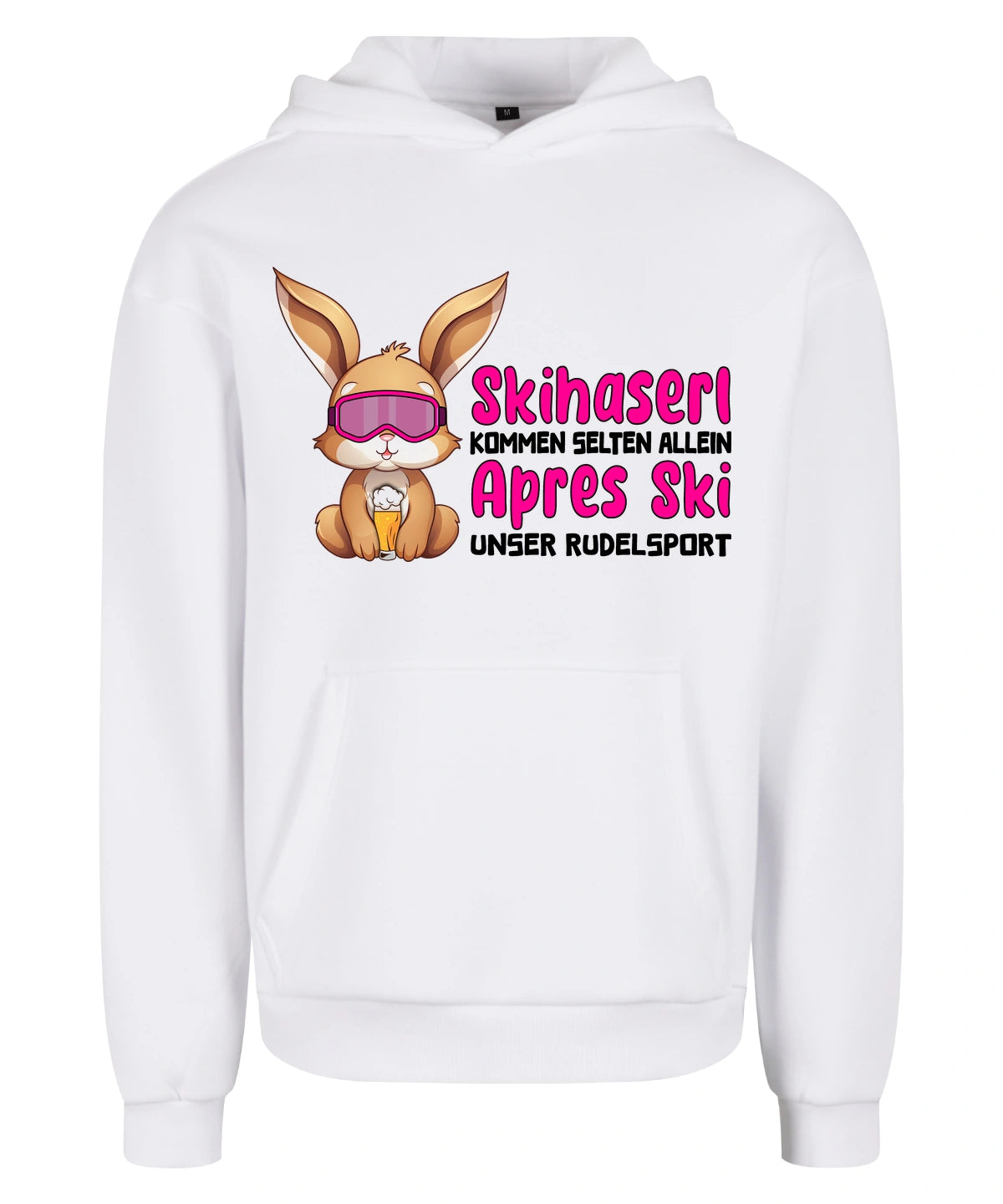 Skihaserl Rudelsport Hoodie in White – Vorderansicht mit dem Motiv Skihaserl Rudelsport.